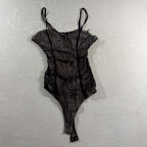 Rabbit Rose Mesh Polka Dot Ruched Bodysuit Black Nude L8118621N Women's Size XL